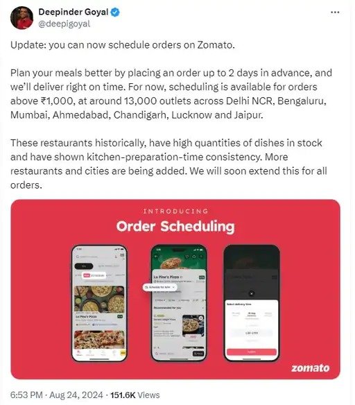 Zomato order scheduling feature launched