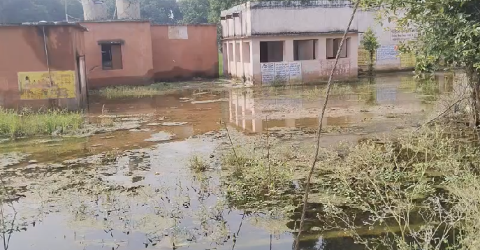ग्राम पंचायत बड़ोखरी में शासकीय माध्यमिक स्कूल में बारिश के 15 दिन बाद भी स्कूल प्रांगण तालाब बना