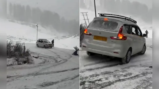बर्फ में फिसली गाड़ियां 