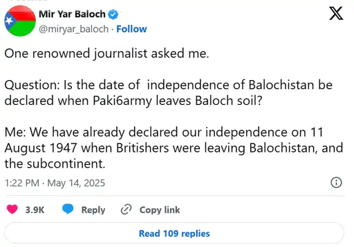 Baloch leader declares independence from PAK 