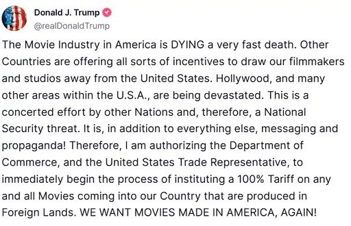 trump 100 percent tariff foreign films hollywood rescue