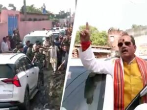 उपमुख्यमंत्री विजय कुमार सिन्हा की गाड़ी पर गोबर और चप्पलें फेंकी