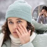 Illustration showing causes of dry eyes in winter and tips for prevention, including hydration, humidifier use, and eye care.