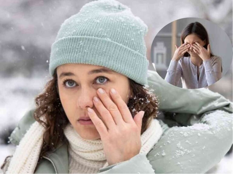 Illustration showing causes of dry eyes in winter and tips for prevention, including hydration, humidifier use, and eye care.