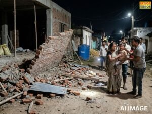 देर रात निर्माधणीन मकान की गिरी दीवार