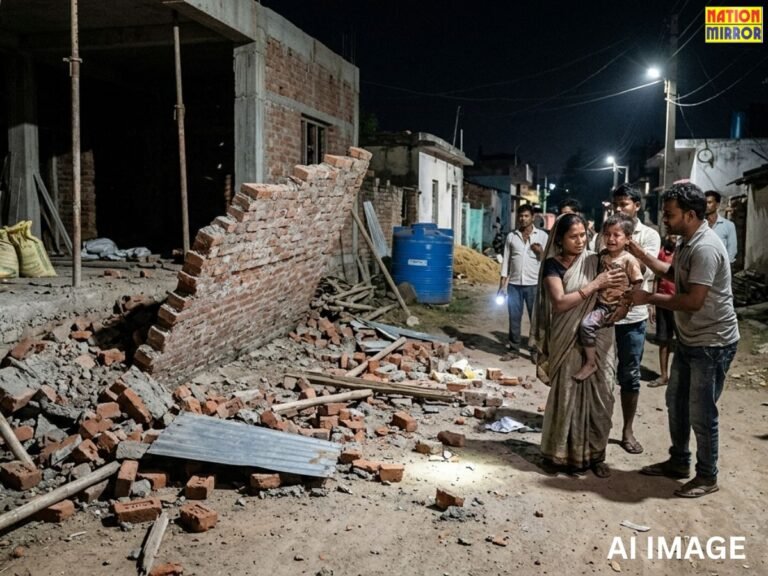 देर रात निर्माधणीन मकान की गिरी दीवार