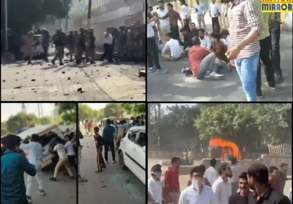 नोएडा में फैक्ट्री कर्मचारियों का प्रदर्शन,गाड़ियों में की तोड़फोड़ और लगाई आग